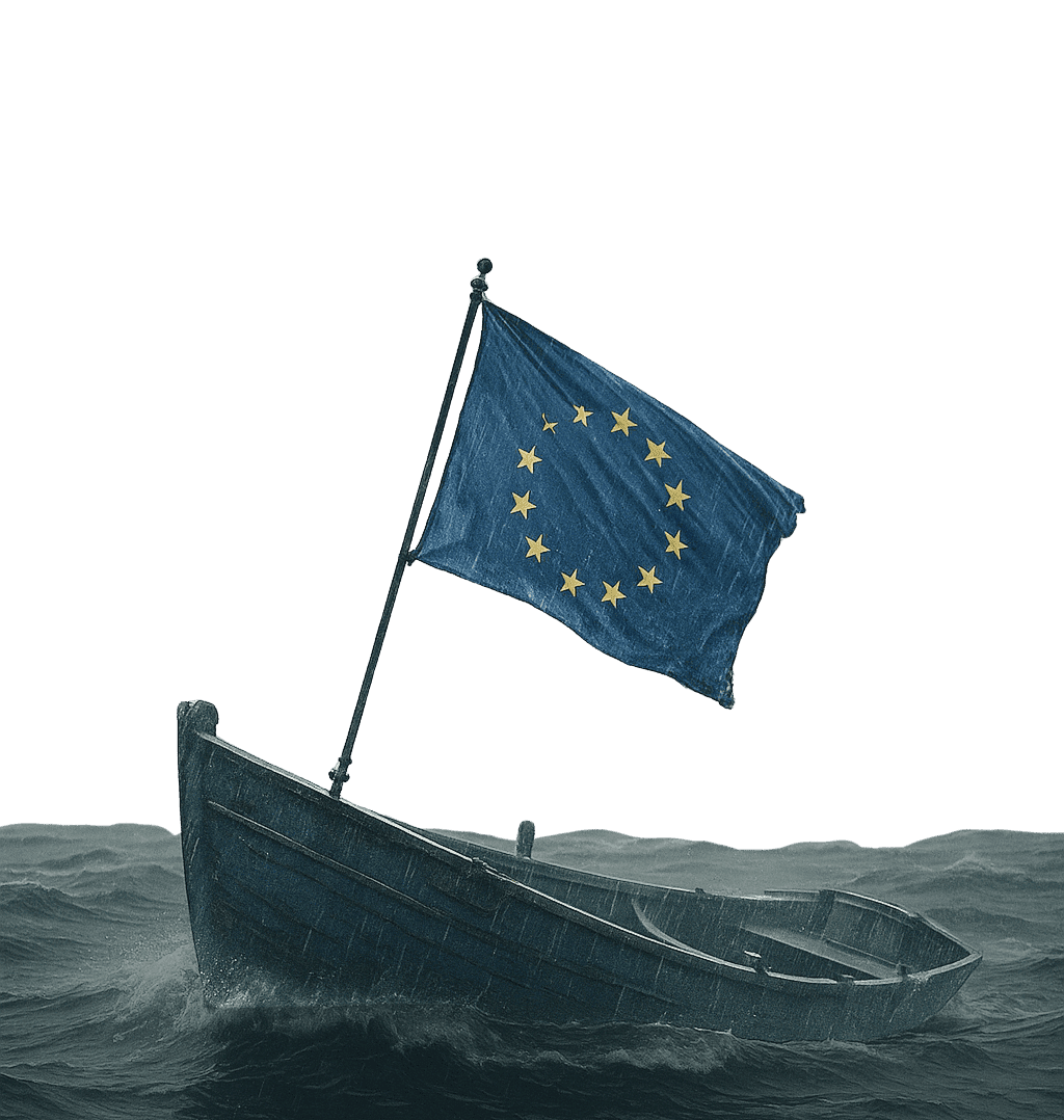 Ruderboot mit EU-Flagge in stürmischer See